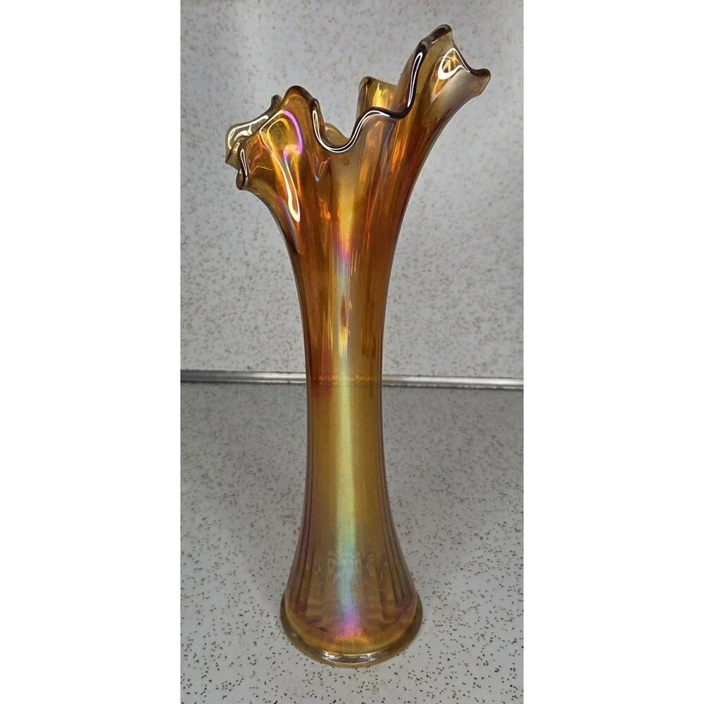 Vtg Imperial 12.5” Marigold Carnival Glass Swung Freefold Pattern Vase